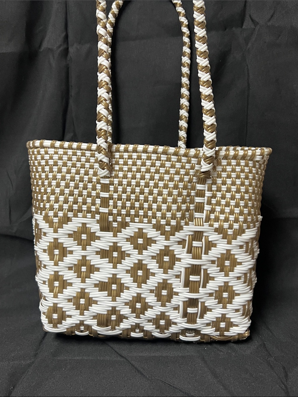 Source Unknown White and Brown Woven Tote Bag
